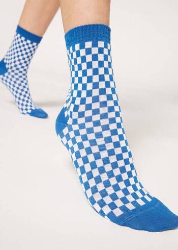 Calzedonia Checkered Pattern Kort Sokken Dames Blauw | BE2365DN