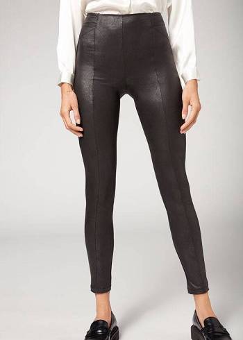 Calzedonia Coated Total Shaper Biker Leggings Dames Zwart | BE2634TV