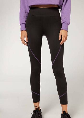 Calzedonia Contrast Seam Performance Atletische Leggings Dames Zwart Paars | BE2635RW