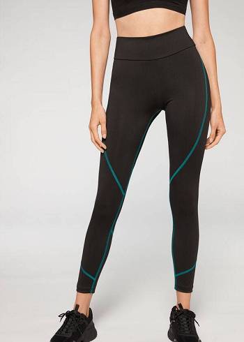 Calzedonia Contrast Seam Performance Atletische Leggings Dames Zwart Groen | BE2636EX