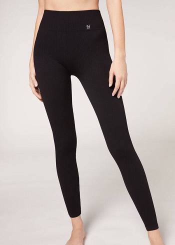 Calzedonia Fine Geribbeld Seamless Sport Leggings Dames Zwart | BE2645SO