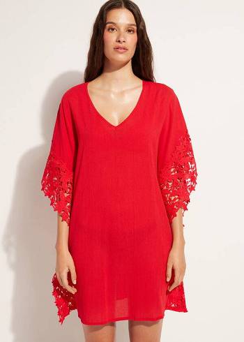 Calzedonia Floral Macramé Kanten Caftan Cover-ups Dames Rood | BE2080EX