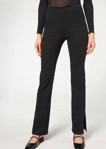 Calzedonia High-Taille Flared in Denim with Slits Leggings Dames Zwart | BE2659BC