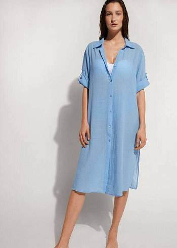 Calzedonia Katoenen Maxi Shirt Cover-ups Dames Blauw | BE2069KI