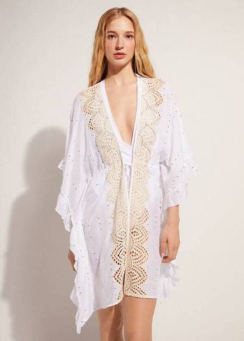 Calzedonia Kimono Caftan with Sangallo Kanten and Sequins Cover-ups Dames Wit | BE2085IS