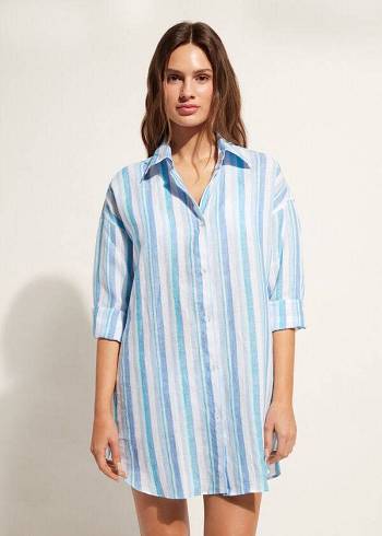 Calzedonia Linen Shirt Cover-ups Dames Blauw Wit | BE2090DN