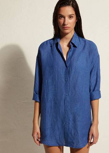 Calzedonia Linen Shirt Cover-ups Dames Blauw | BE2091FM