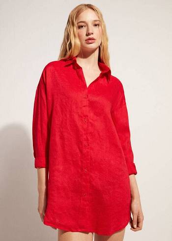 Calzedonia Linen Shirt Cover-ups Dames Rood | BE2095KI