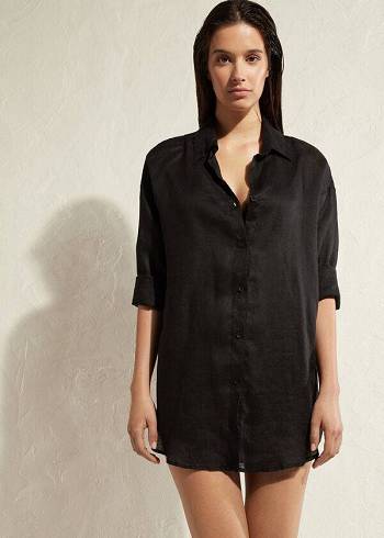 Calzedonia Linen Shirt Cover-ups Dames Zwart | BE2092GL