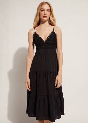 Calzedonia Midi Jurken in Macramé Kanten and Ruffled Skirt Cover-ups Dames Zwart | BE2105WY