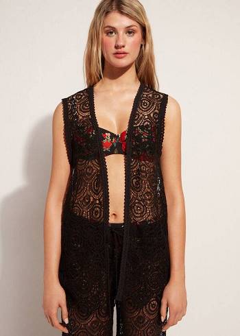 Calzedonia Mouwloos Crochet Cover-ups Dames Zwart | BE2115SO