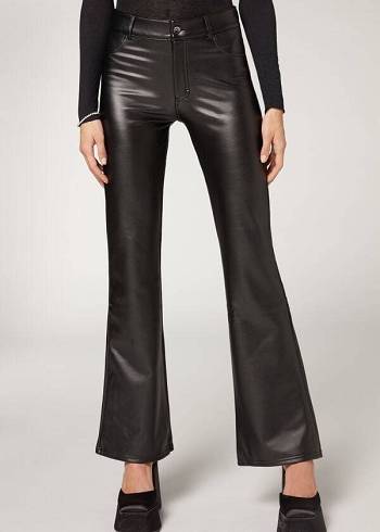 Calzedonia Zip and Button Coated Thermal Flared Broek Dames Zwart | BE2745OR