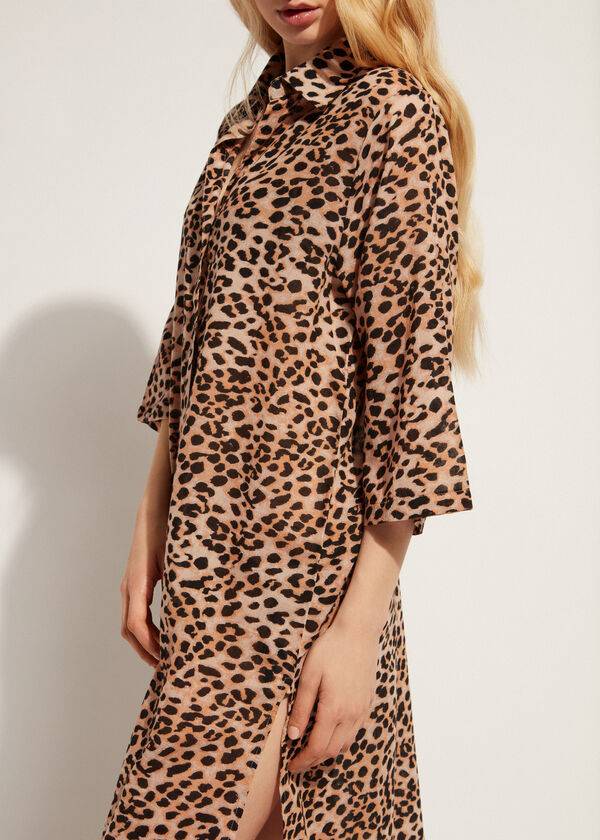 Calzedonia Animal Patterned Midi Shirt Cover-ups Dames Bruin | BE2067HK