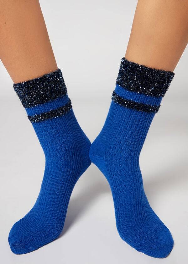 Calzedonia Cashmere Kort with Glitter Trim Sokken Dames Blauw | BE2355VD