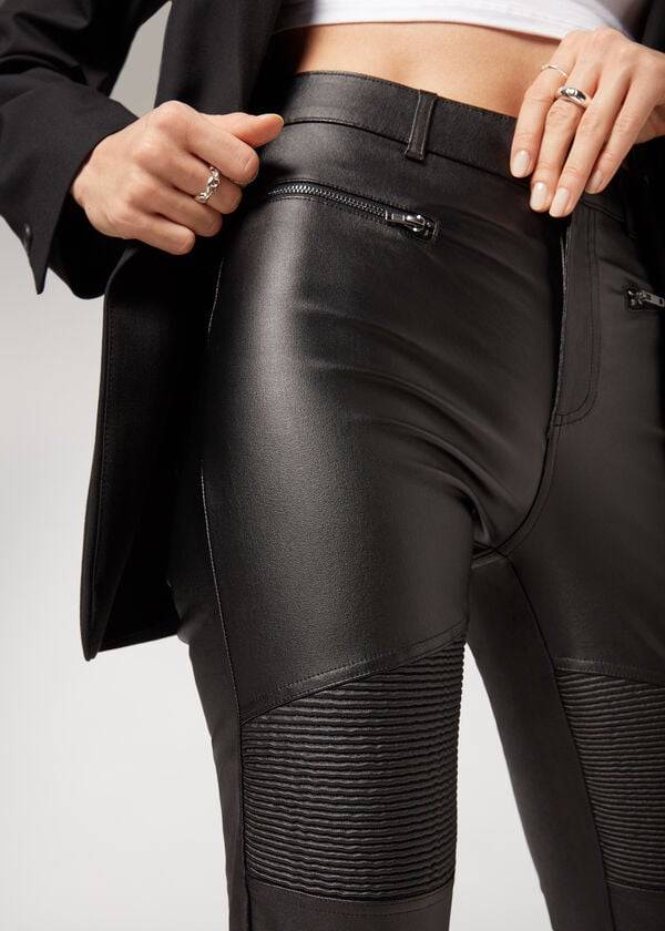 Calzedonia Coated Mager Biker Broek Dames Zwart | BE2721UT