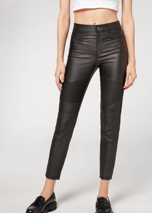 Calzedonia Coated Mager Biker Broek Dames Zwart | BE2721UT