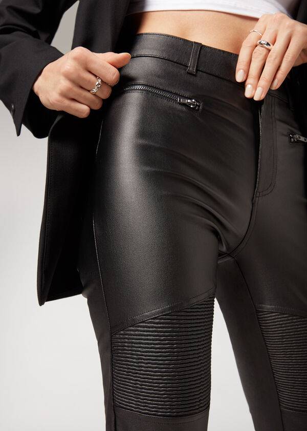 Calzedonia Coated Mager Biker Leggings Dames Zwart | BE2629PQ