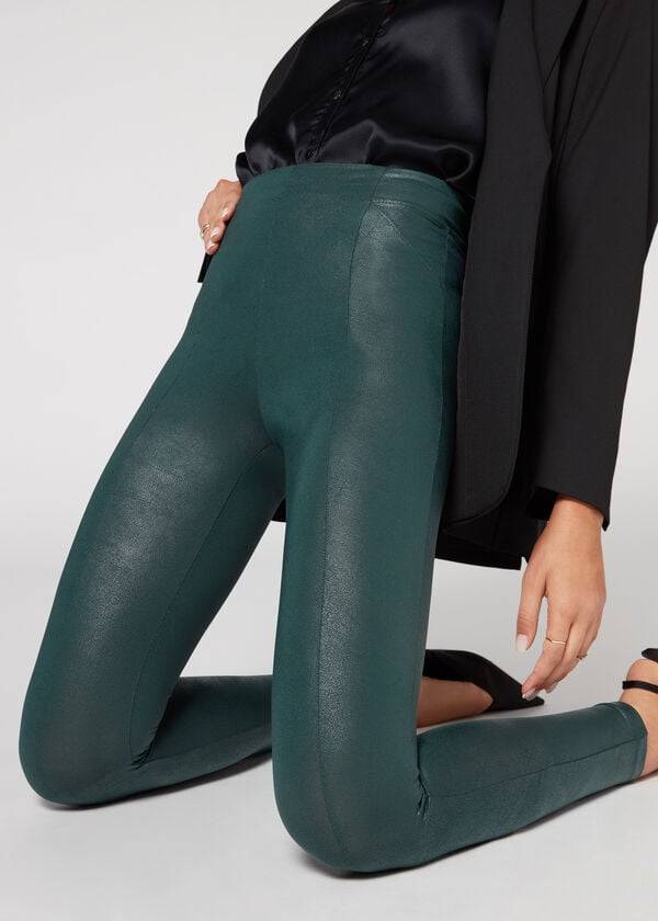 Calzedonia Coated Total Shaper Biker Leggings Dames Groen | BE2633YU