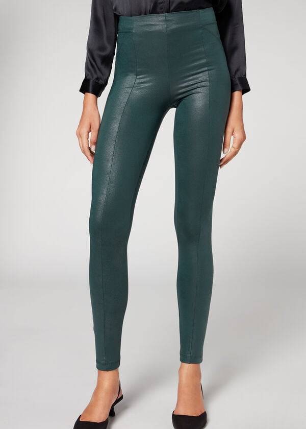 Calzedonia Coated Total Shaper Biker Leggings Dames Groen | BE2633YU