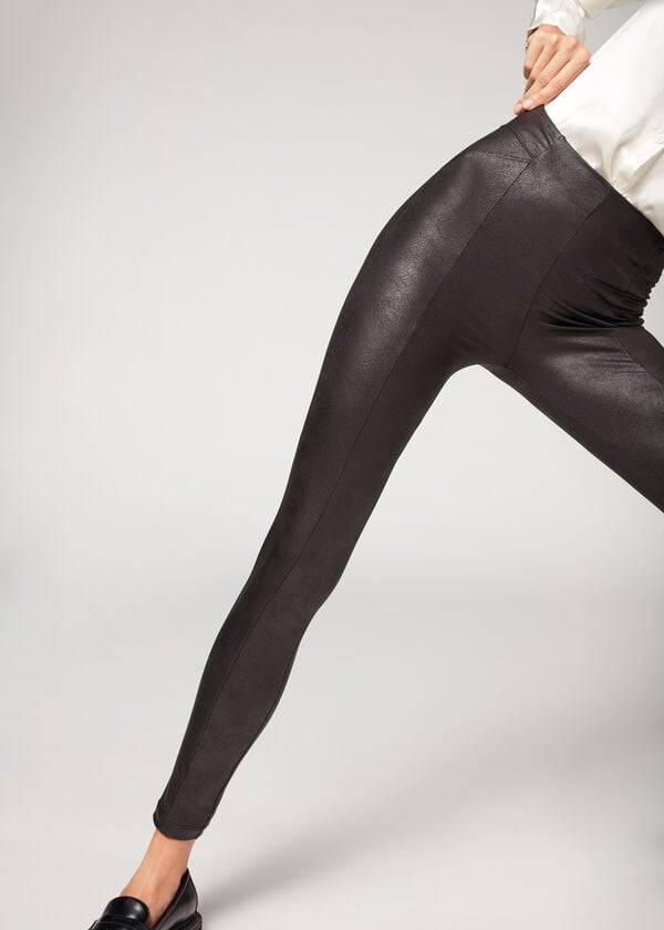 Calzedonia Coated Total Shaper Biker Leggings Dames Zwart | BE2634TV