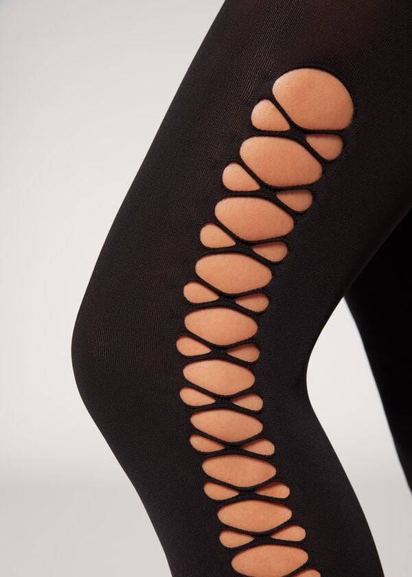 Calzedonia Crisscross Cut-Out Opaque 90 Denier Patterned Hardloopbroek Dames Zwart | BE1090QZ