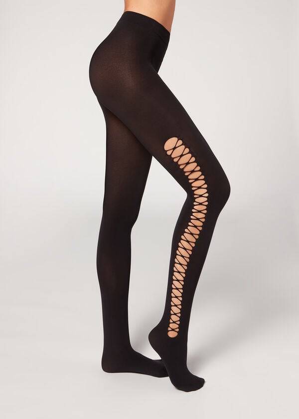 Calzedonia Crisscross Cut-Out Opaque 90 Denier Patterned Hardloopbroek Dames Zwart | BE1090QZ