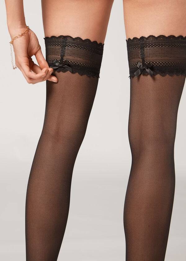 Calzedonia Crochet 40 Denier Sheer Thigh Highs Kousen Dames Zwart | BE1262JJ