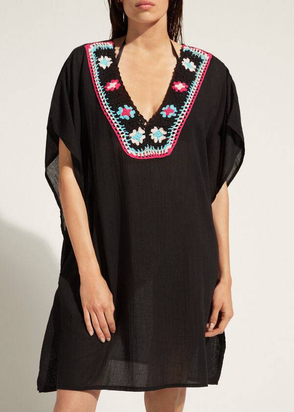 Calzedonia Crochet Neckline Kaftan Cover-ups Dames Zwart | BE2074VD