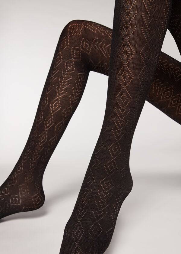 Calzedonia Diamond Pattern with Cashmere Patterned Hardloopbroek Dames Zwart | BE1093RW