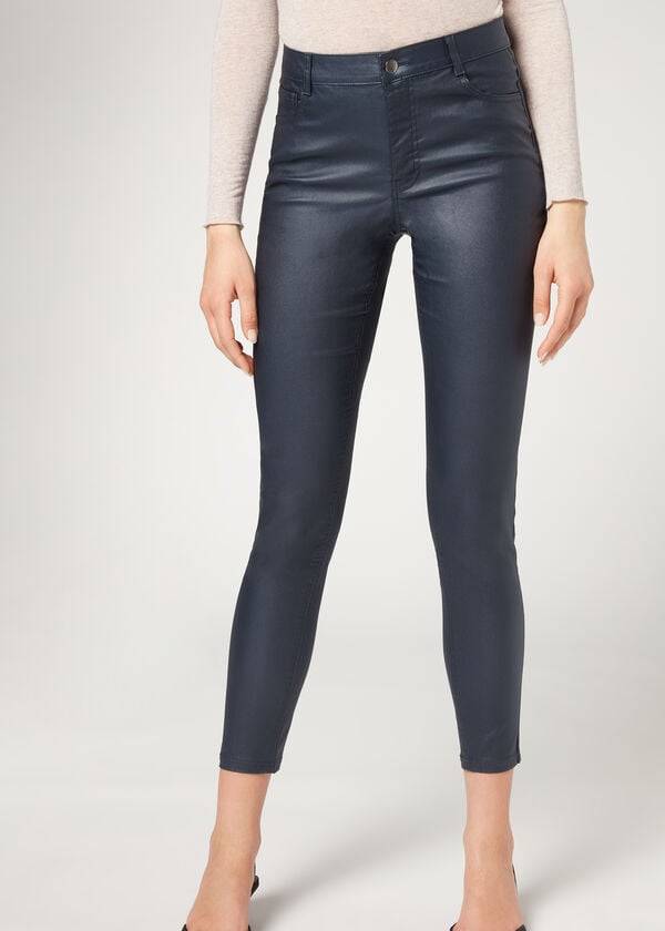 Calzedonia Faux Leren Mager Jeans Dames Donkerblauw Blauw | BE2591XF