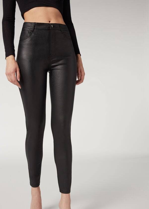 Calzedonia Faux Leren Mager Leggings Dames Zwart | BE2643FM