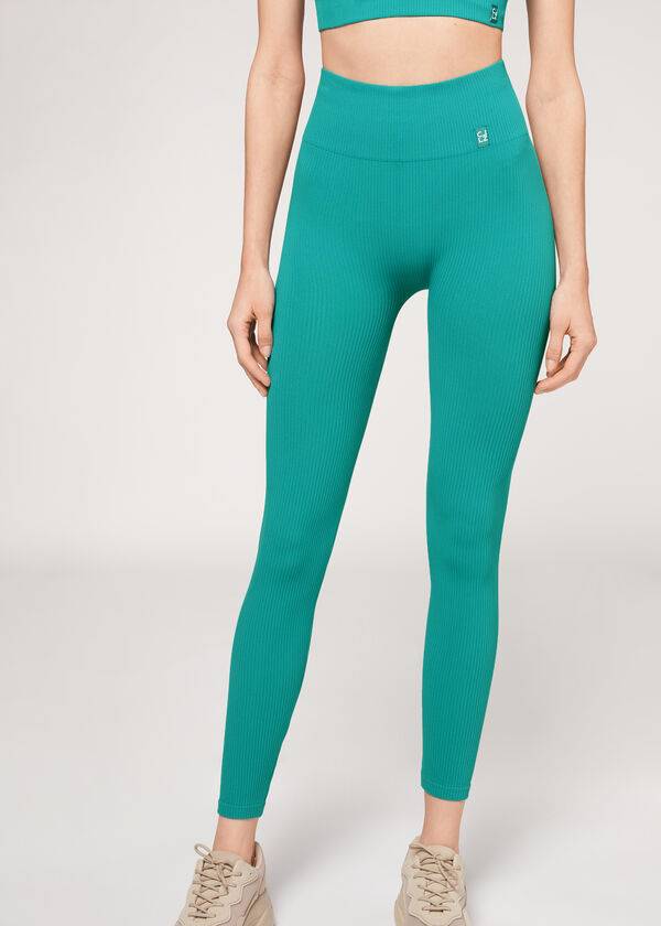 Calzedonia Fine Geribbeld Seamless Sport Leggings Dames Turquoise | BE2646AP