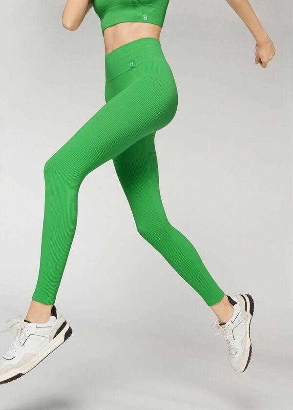 Calzedonia Fine Geribbeld Seamless Sport Leggings Dames Groen | BE2652TV