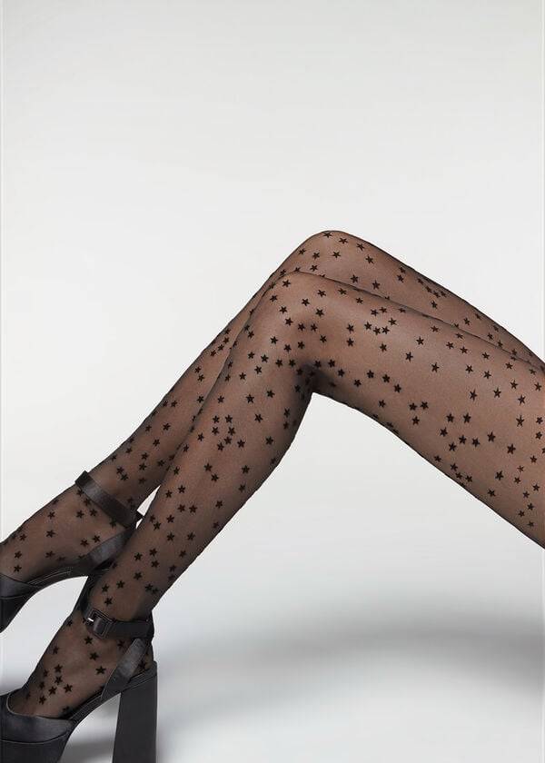 Calzedonia Flocked Stars 30 Denier Sheer Hardloopbroek Dames Zwart | BE1224TV