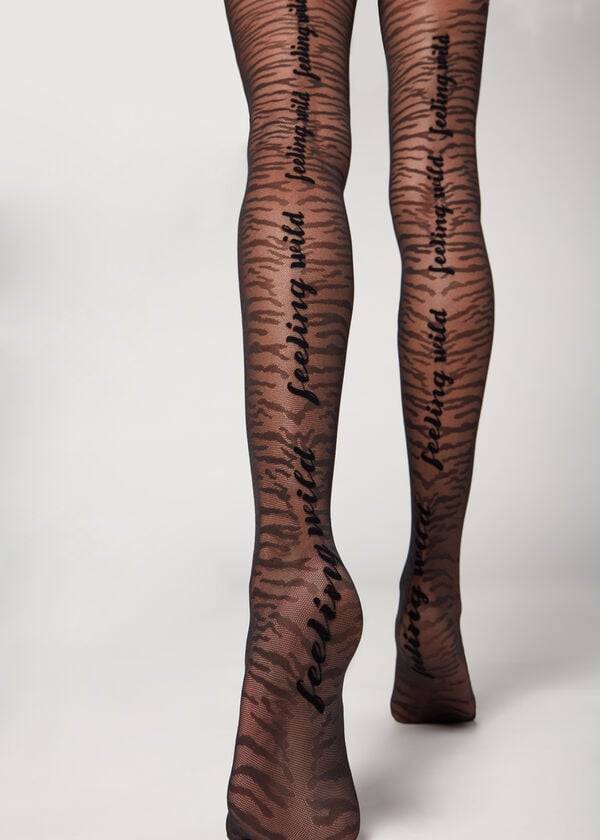 Calzedonia Flocked Tiger Text 50 Denier Patterned Hardloopbroek Dames Zwart | BE1097IS