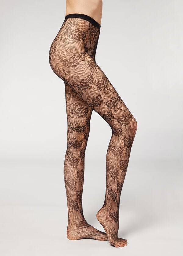 Calzedonia Floral Kanten-Motif Fishnet Patterned Hardloopbroek Dames Zwart | BE1099PQ