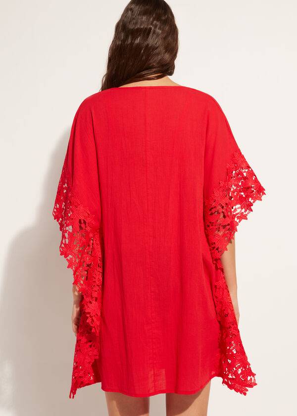 Calzedonia Floral Macramé Kanten Caftan Cover-ups Dames Rood | BE2080EX