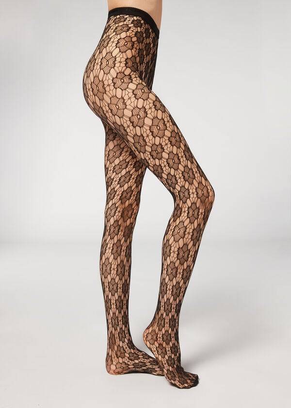 Calzedonia Floral-Motif Fishnet Patterned Hardloopbroek Dames Zwart | BE1101SO