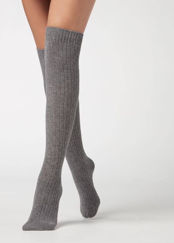 Calzedonia Geribbeld Long with Wol and Cashmere Sokken Dames Grijs | BE2255CE