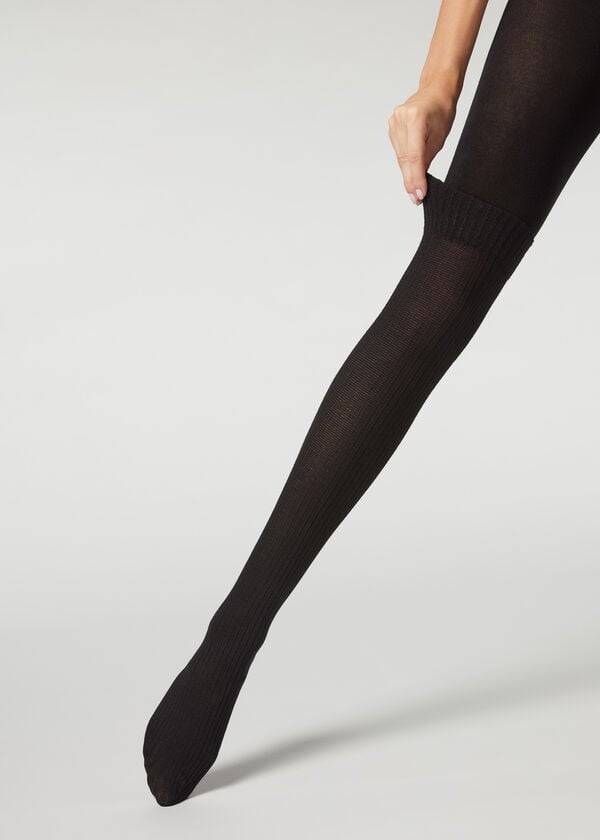 Calzedonia Geribbeld Longuette Effect with Cashmere Patterned Hardloopbroek Dames Zwart | BE1125PQ