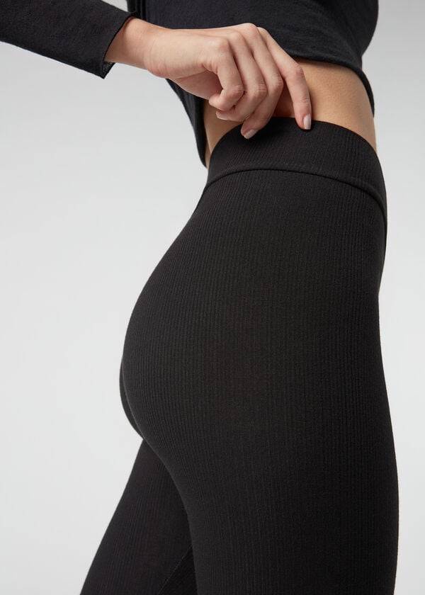 Calzedonia Geribbeld with Cashmere Leggings Dames Zwart | BE2675IS