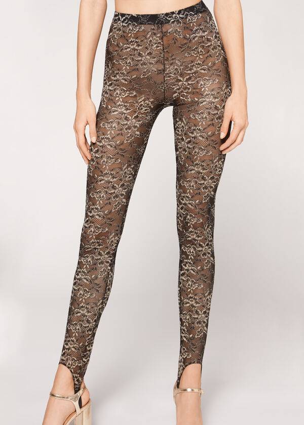 Calzedonia Glitter Kanten Stirrup Leggings Dames Bruin Zwart | BE2655WY