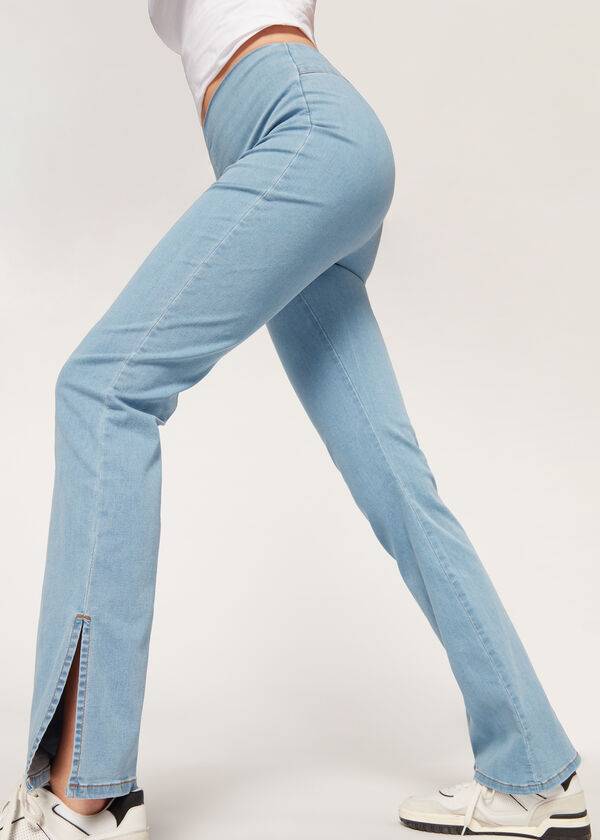 Calzedonia High-Taille Flared in Denim with Slits Leggings Dames Blauw | BE2660VD