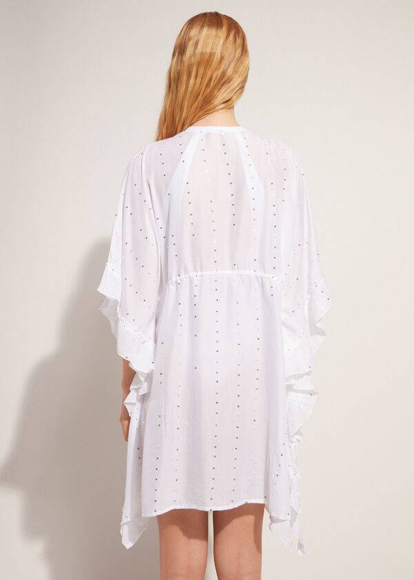 Calzedonia Kimono Caftan with Sangallo Kanten and Sequins Cover-ups Dames Wit | BE2085IS