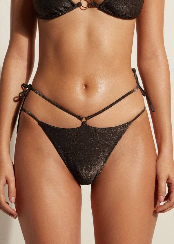 Calzedonia Lamé Brazilian Side String Hollywood Bikinibroekjes Dames Zwart | BE1485YU