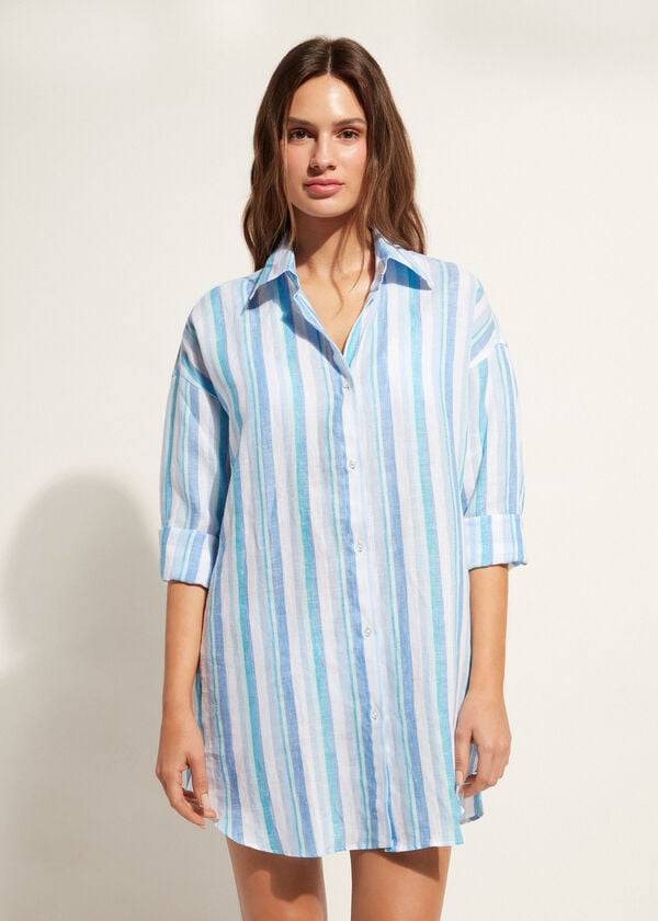 Calzedonia Linen Shirt Cover-ups Dames Blauw Wit | BE2090DN