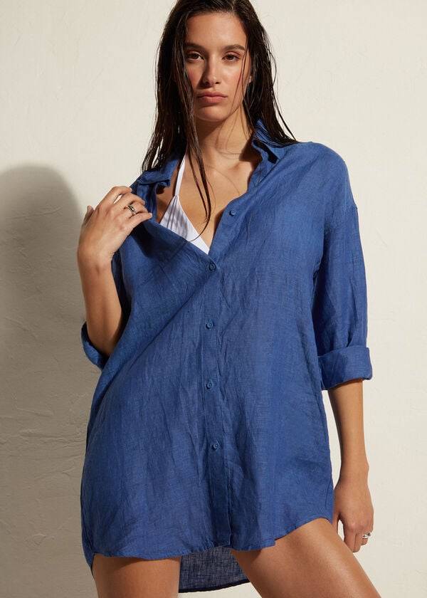 Calzedonia Linen Shirt Cover-ups Dames Blauw | BE2091FM