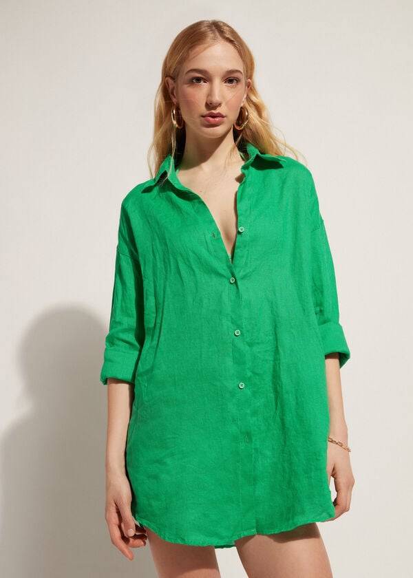 Calzedonia Linen Shirt Cover-ups Dames Groen | BE2088AP