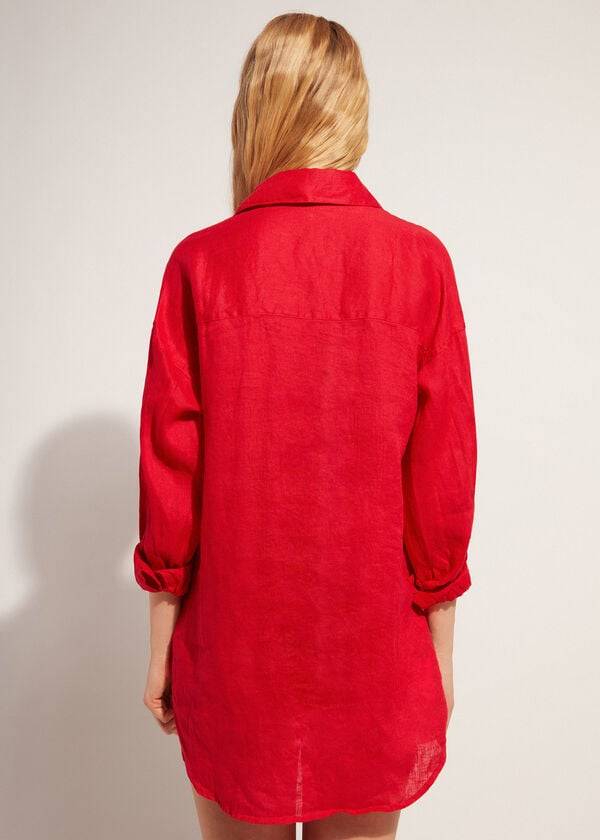 Calzedonia Linen Shirt Cover-ups Dames Rood | BE2095KI