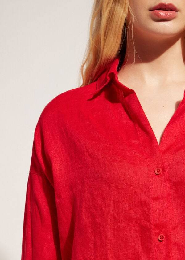 Calzedonia Linen Shirt Cover-ups Dames Rood | BE2095KI